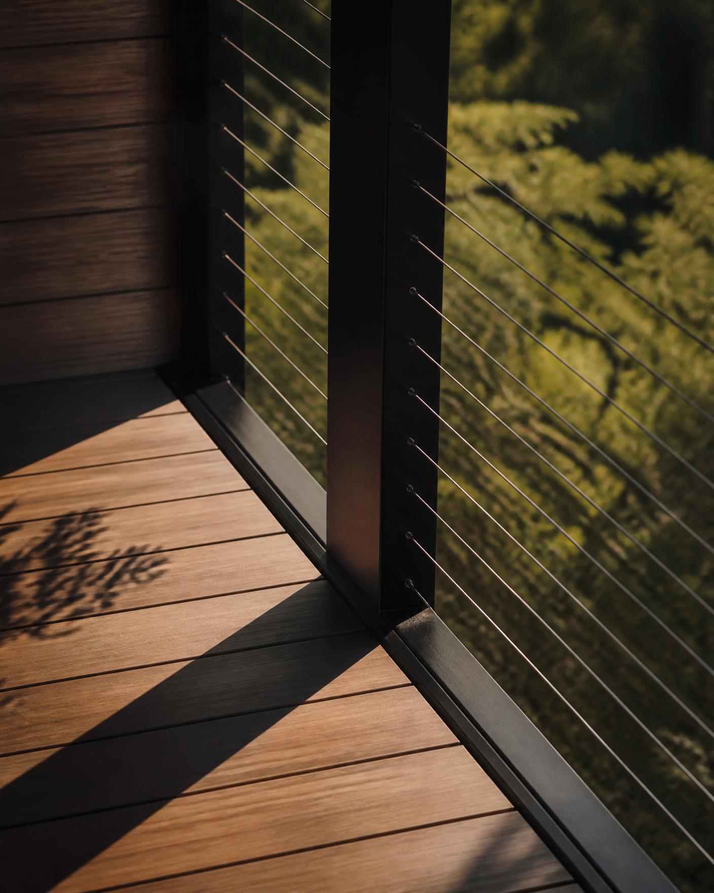 Close crop of hidden-fastener deck boards meeting a blackened steel cable railing in raking light