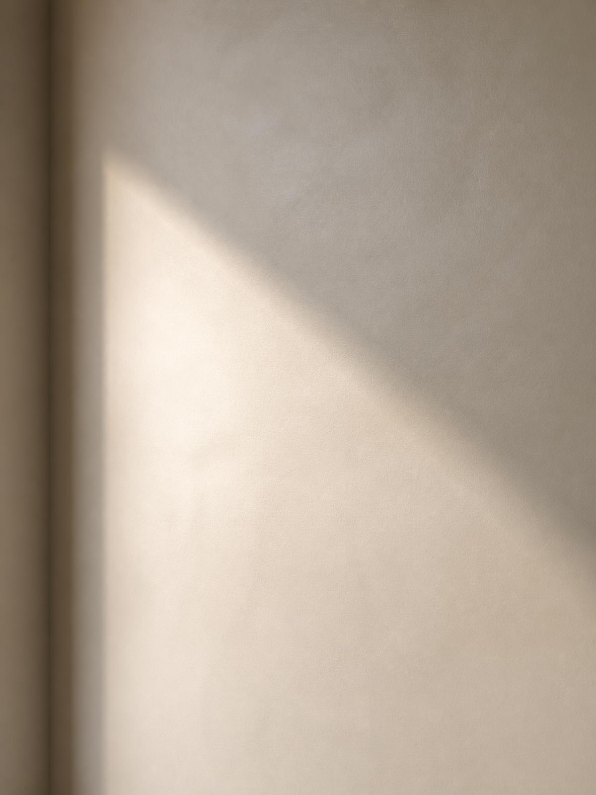Smooth hand-trowed plaster wall catching raking natural side light, revealing a flawless skim-coated finish